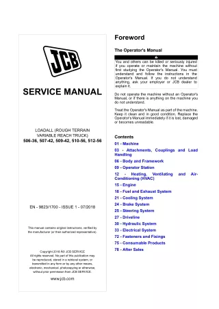 JCB 509-42 Telescopic Handler Service Repair Manual SN From 1402020 and up