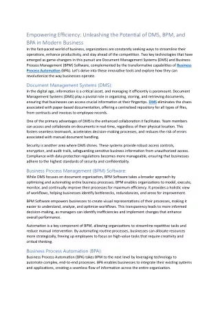 Empowering Efficiency Unleashing the Potential of DMS, BPM, and BPA in Modern Business