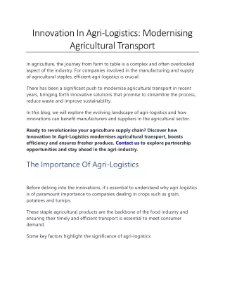 Innovation In Agri-Logistics - Modernising Agricultural Transport