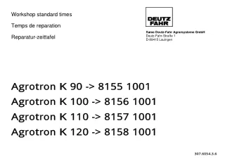 Deutz Fahr Agrotron K120 Tractor Parts Catalogue Manual