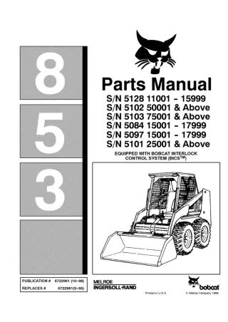 Bobcat 853 Skid Steer Loader Parts Catalogue Manual (SN 5101 25001 & Above)