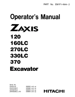 Hitachi Zaxis 370 Excavator operator’s manual SN 030645 and up