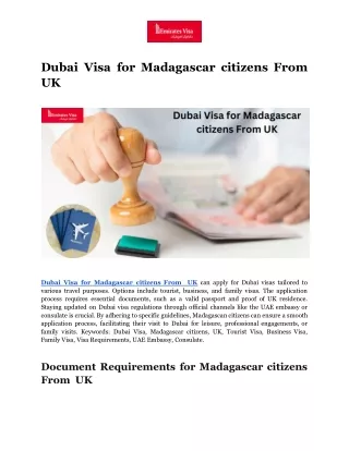 Dubai Visa for Madagascar citizens From  UK