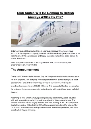 Club Suites Will Be Coming to British Airways A380s by 2027