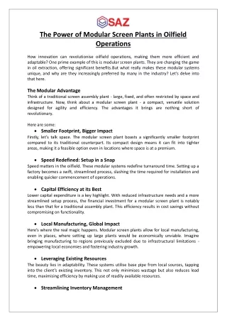 The Power of Modular Screen Plants in Oilfield Operations