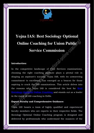 Best Sociology Optional Online Coaching |Call-8595390705 |Yojna IAS