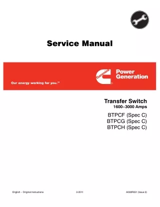 Cummins Onan BTPCF Power Generation Transfer Switch 1600-3000 Amps Service Repair Manual