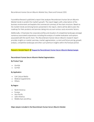 Recombinant Human Serum Albumin Market Size, Share and Forecast 2031