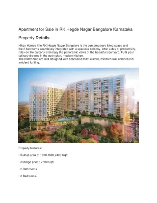 Apartment for Sale in RK Hegde Nagar Bangalore Karnataka