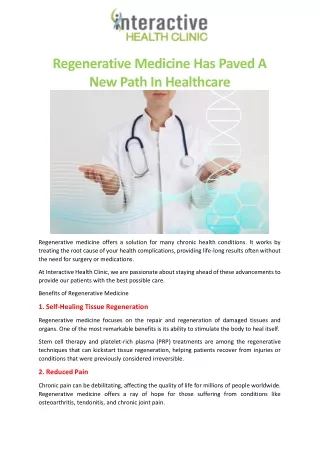 Regenerative Medicine Has Paved A New Path In Healthcare