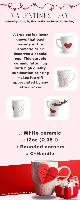 Valentine's Day Latte Mugs, 12oz, Big Heart with Love Printed Coffee Mug