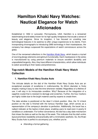 Hamilton Khaki Navy Watches Nautical Elegance for Watch Aficionados