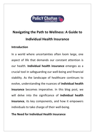 Navigating the Path to Wellness: A Guide to Individual Health Insurance