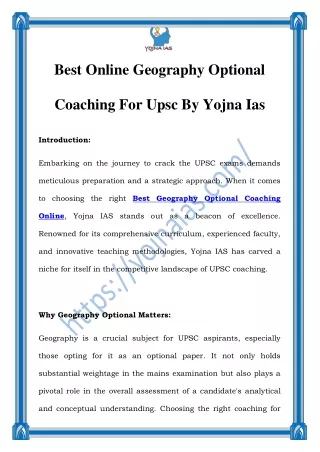 Best Geography Optional Coaching Online|Call Now-8595390705|Yojna IAS