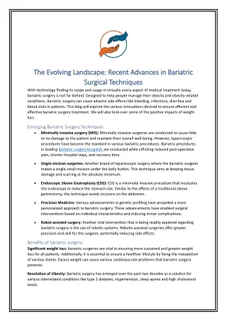 The Evolving Landscape Recent Advances in Bariatric Surgical Techniques