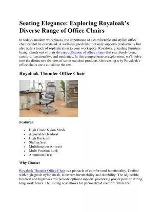 Seating Elegance - Exploring Royaloak's Diverse Range of Office Chairs