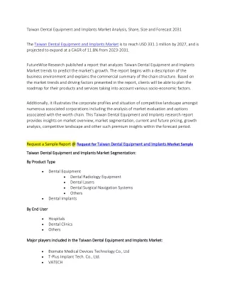 Taiwan Dental Equipment and Implants Market Analysis, Share, Size and Forecast 2031