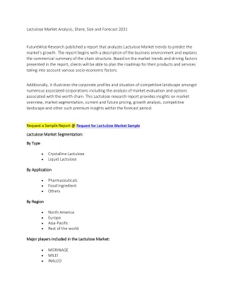 Lactulose Market Analysis, Share, Size and Forecast 2031