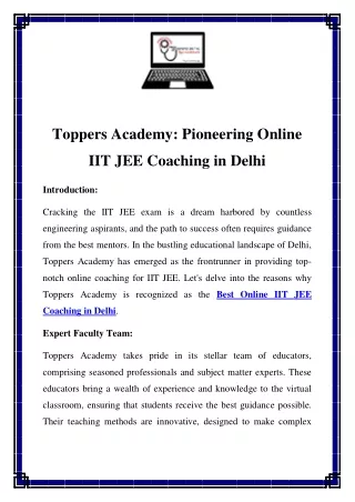 Toppers Academy: Pioneering Online IIT JEE Coaching in Delhi