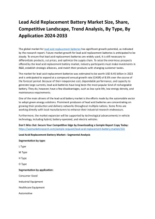 Lead Acid Replacement Battery Market Size, share, Potential Scope for 2024-2033