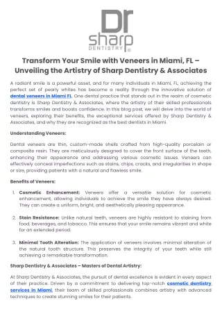 Transform Your Smile with Veneers in Miami, FL – Unveiling the Artistry of Sharp Dentistry & Associates