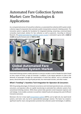 Automated Fare Collection System Market: Core Technologies & Applications