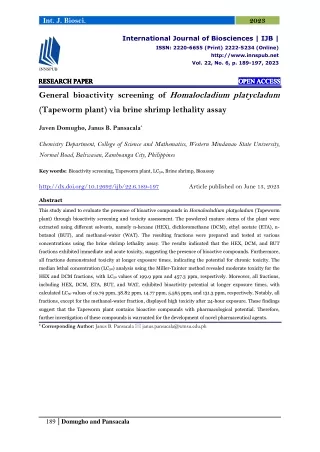 General bioactivity screening of Homalocladium platycladum (Tapeworm plant)