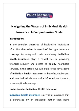 Navigating the Waters of Individual Health Insurance: A Comprehensive Guide