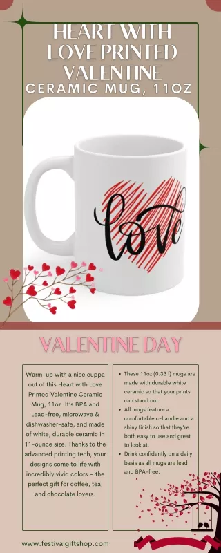 Heart with Love Printed Valentine Ceramic Mug, 11oz