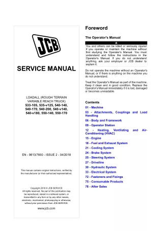 JCB 540-170 Telescopic Handler Service Repair Manual SN from 2460601 onwards