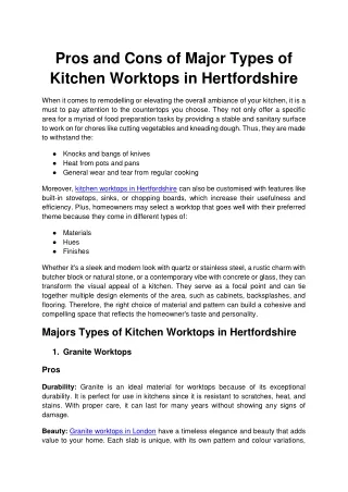 Pros and Cons of Major Types of Kitchen Worktops in Hertfordshire