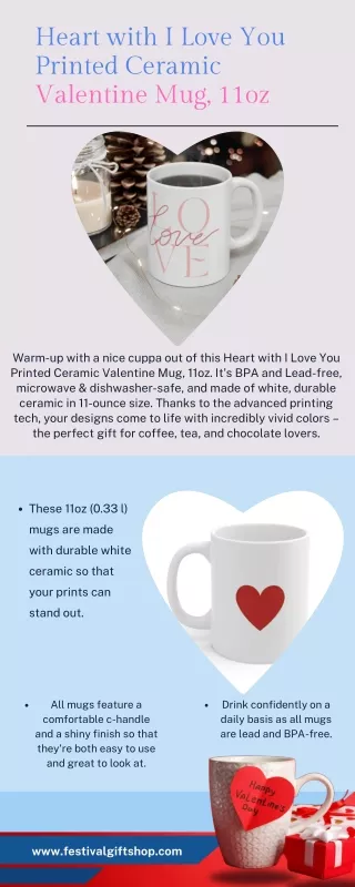 Heart with I Love You Printed Ceramic Valentine Mug, 11oz