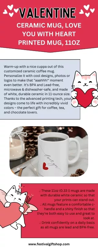 VALENTINE Ceramic Mug, Love You with Heart Printed Mug, 11oz