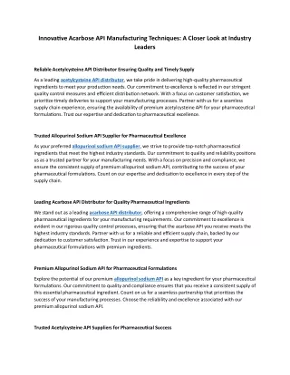 Innovative Acarbose API Manufacturing Techniques: A Closer Look at Industry Lead