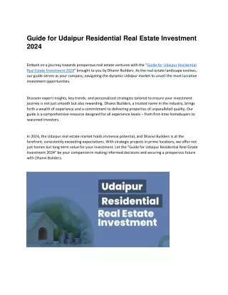 Guide for Udaipur Residential Real Estate Investment 2024