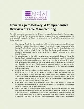 From Design to Delivery A Comprehensive Overview of Cable Manufacturing - Gem Cable Solutions