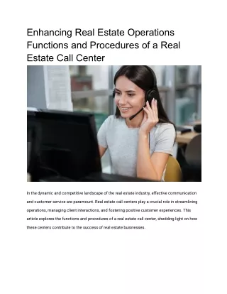 Enhancing Real Estate Operations Functions and Procedures of a Real Estate Call Center