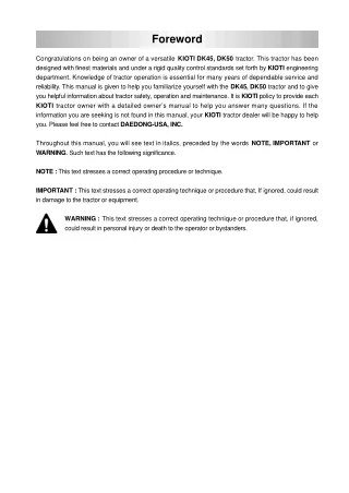 Kioti Daedong DK45 Tractor Operator manual