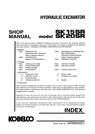 Kobelco SK20SR Mini Excavator Service Repair Manual (SK20SR PM02001 ～)