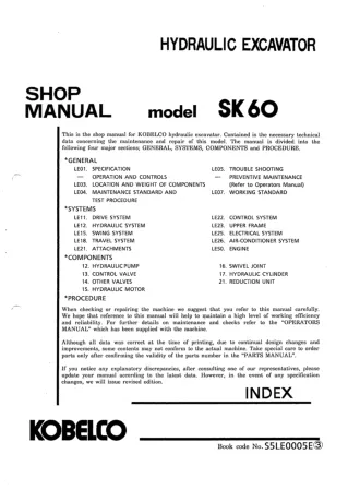 Kobelco SK60 Crawler Excavator Service Repair Manual (LE-11001 ～)