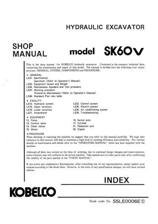 Kobelco SK60 V Crawler Excavator Service Repair Manual (LE-17701 ～)