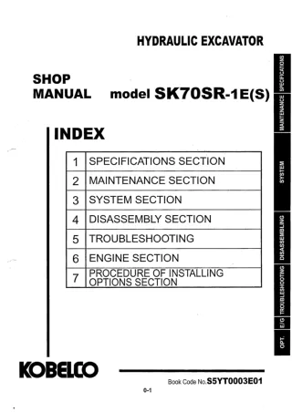 Kobelco SK70SR-1E Crawler Excavator Service Repair Manual (YT04-07001 ～)