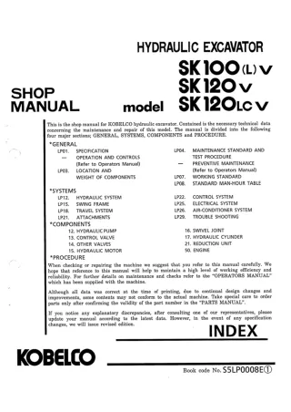 Kobelco SK100(L) V, SK120 V, SK120LC V Crawler Excavator Service Repair Manual (LX10201 ～)