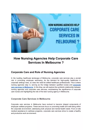 Corporate Care Services in Melbourne: The Role of Nursing Agencies