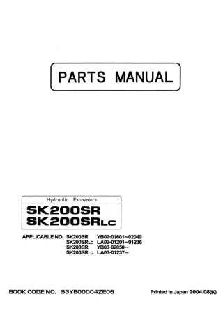 Kobelco SK200SR Crawler Excavator Parts Catalogue Manual SN YB02-01601 to 02049