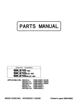 Kobelco SK210NLC-6E Hydraulic Excavator Parts Catalogue Manual SN YQ08-04501 to 04932