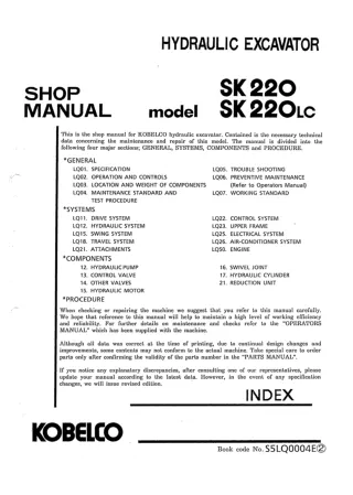 Kobelco SK220 Crawler Excavator Service Repair Manual (LQ-2101 ～, LL-1801 ～)