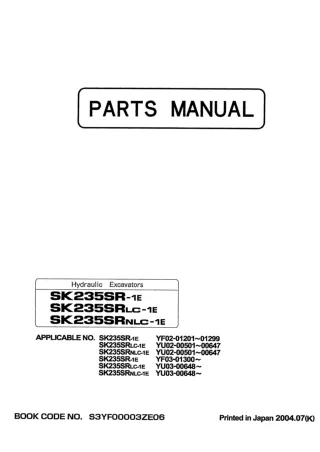 Kobelco SK235SRLC-1E Hydraulic Excavator Parts Catalogue Manual SN YU02-00501 to 00647