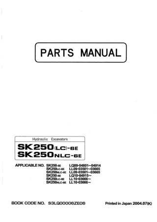 Kobelco SK250LC-6E Hydraulic Excavator Parts Catalogue Manual SN LL10-03666 and up