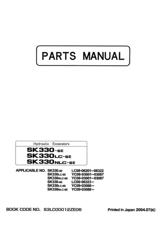 Kobelco SK330NLC-6E Crawler Excavator Parts Catalogue Manual SN YC08-03001 to 03087